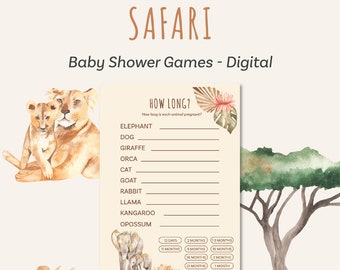 May include: A digital baby shower game card titled HOW LONG? featuring a watercolor lion and cub, an elephant pair, and a tree. The card lists animals including elephant, dog, giraffe, orca, cat, goat, rabbit, llama, kangaroo, and opossum with lines.