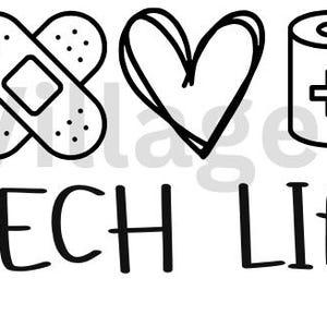 May include: Black and white line art illustration of a smiley face, a jar, a bandage, a heart, a roll of toilet paper with a plus sign, a thermometer with 101 degrees, and a bottle of hand sanitizer with a plus sign. The text "TECH LIFE" is below the icons.