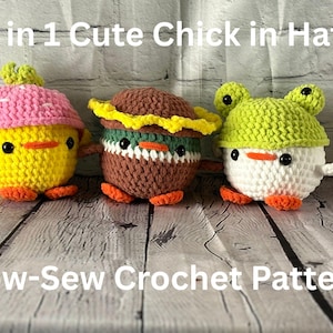 3-in-1 Chick in Hat Crochet Pattern – Low-Sew (Digital Download)