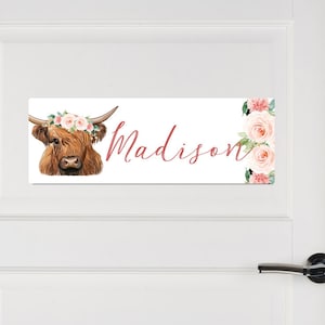 Personalized Highland Cow Name Sign, Highland Cow Aluminum Door Sign, Highland Cow Gift, Highland Cow Door Sign