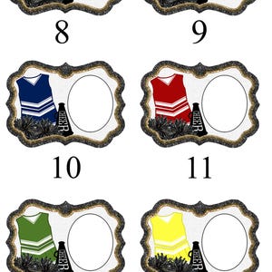 May include: Six different cheerleading uniform designs with a megaphone and pom-poms. Each design has a blank circle for a photo.