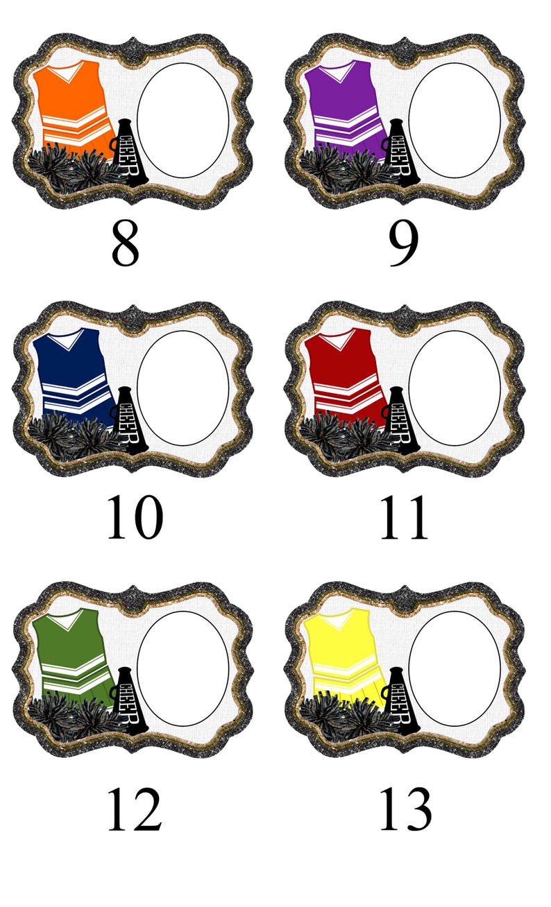 May include: Six different cheerleading uniform designs with a megaphone and pom-poms. Each design has a blank circle for a photo.