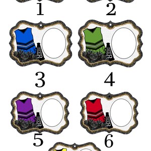 May include: Seven different cheerleading ornament designs with a white background. Each ornament features a cheerleader in a different color uniform with a black and white striped design, pom-poms, and a megaphone with the word "CHEER" on it. The ornaments have a gold and black glitter frame with a blank circle in the center.