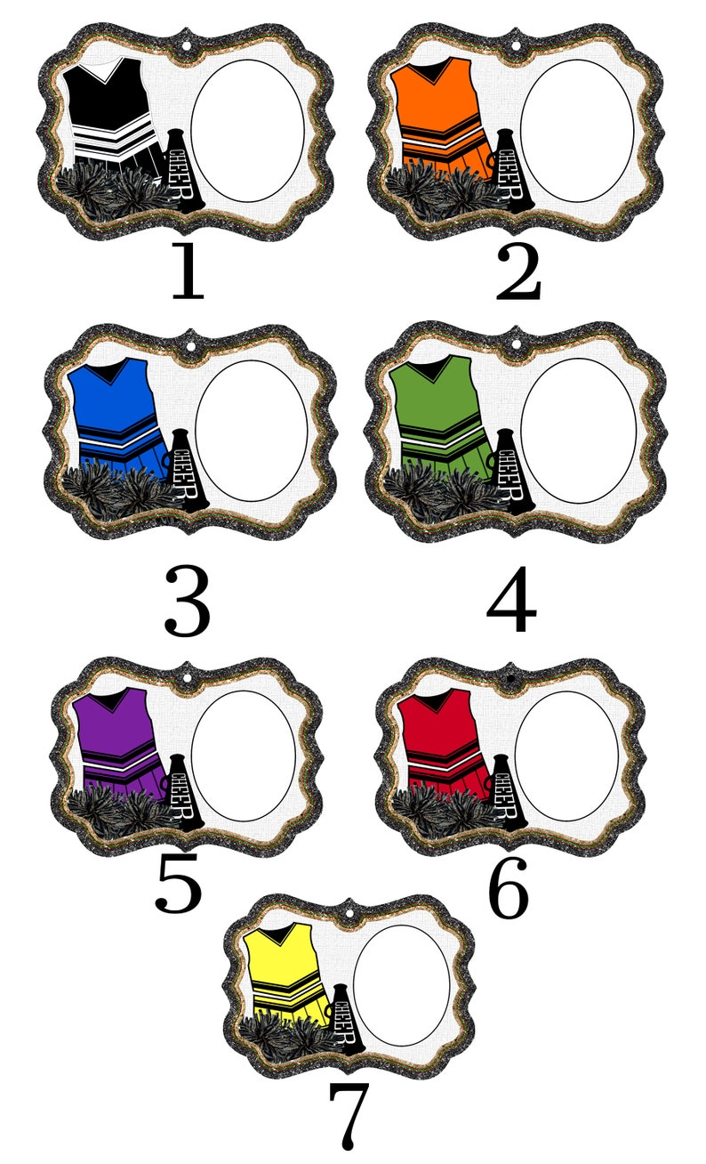May include: Seven different cheerleading ornament designs with a white background. Each ornament features a cheerleader in a different color uniform with a black and white striped design, pom-poms, and a megaphone with the word "CHEER" on it. The ornaments have a gold and black glitter frame with a blank circle in the center.