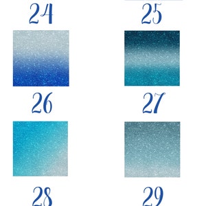 May include: A set of 6 digital paper backgrounds with a glitter texture. The colours are copper, blue, teal, and light blue. The numbers 24 through 29 are displayed below each background.