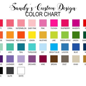 May include: Colour chart with 36 different colour swatches. Each swatch is labelled with a colour name, such as poppy, coral, watermelon, baby pink, pink, fuchsia, raspberry, magenta, red, orange, tangerine, red orange, lemon, mustard, lime, green apple, green, dark green, mint, jade, teal, turquoise, sky, bright blue, lagoon, blue, navy, purple, lavender, lilac, orchard, wine, brown, dust, khaki, gold, black, slate, and white.