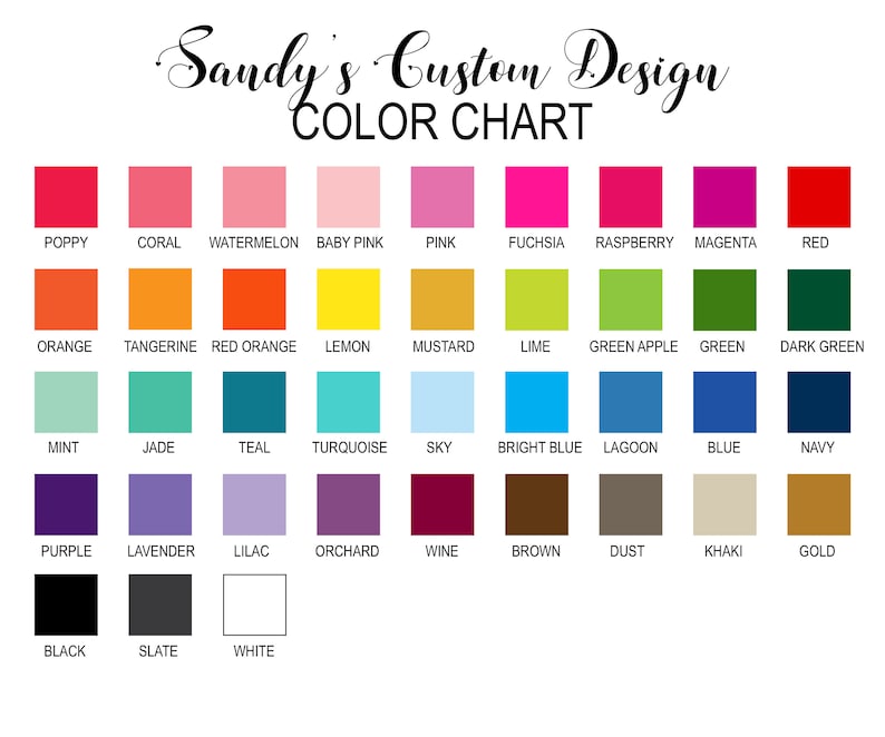 May include: Colour chart with 36 different colour swatches. Each swatch is labelled with a colour name, such as poppy, coral, watermelon, baby pink, pink, fuchsia, raspberry, magenta, red, orange, tangerine, red orange, lemon, mustard, lime, green apple, green, dark green, mint, jade, teal, turquoise, sky, bright blue, lagoon, blue, navy, purple, lavender, lilac, orchard, wine, brown, dust, khaki, gold, black, slate, and white.