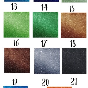 Peut inclure: Un ensemble de 10 &eacute;chantillons de paillettes de diff&eacute;rentes couleurs, notamment bleu, vert, marron, argent et noir. Les &eacute;chantillons sont num&eacute;rot&eacute;s de 13 &agrave; 23.