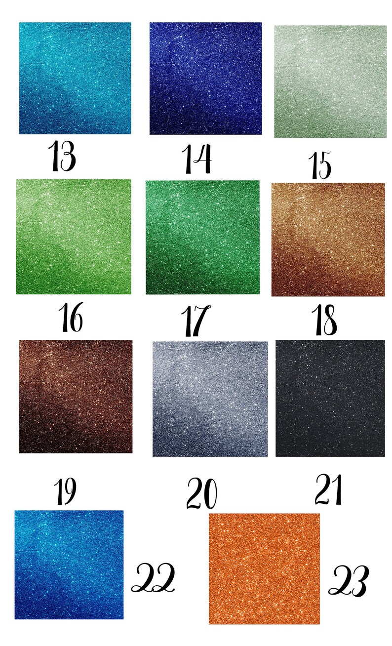 Peut inclure: Un ensemble de 10 &eacute;chantillons de paillettes de diff&eacute;rentes couleurs, notamment bleu, vert, marron, argent et noir. Les &eacute;chantillons sont num&eacute;rot&eacute;s de 13 &agrave; 23.
