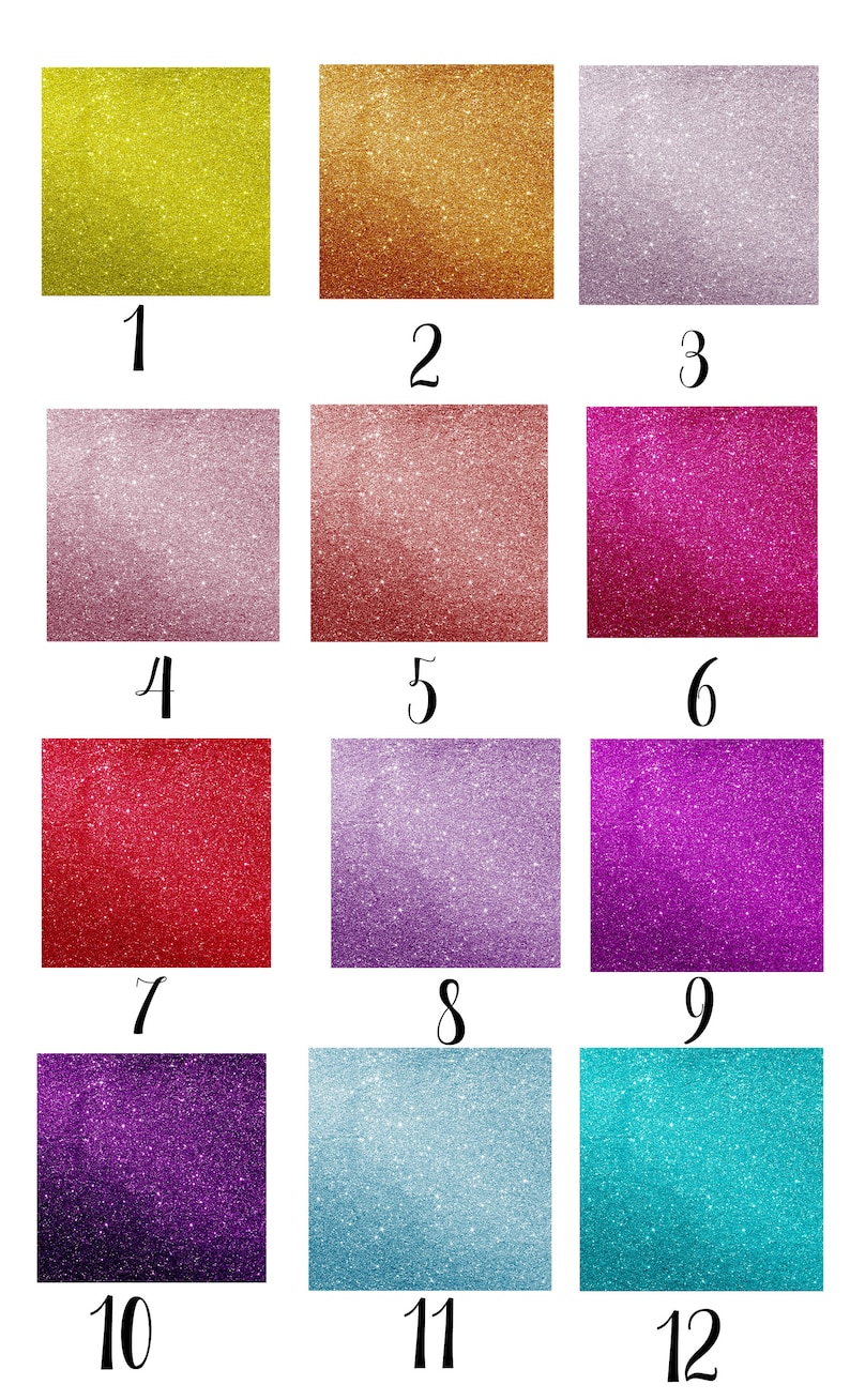 Peut inclure: Douze couleurs diff&eacute;rentes de papier paillet&eacute;, num&eacute;rot&eacute;es de 1 &agrave; 12. Chaque couleur est un carr&eacute; sur fond blanc.