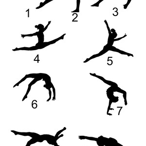 May include: Silhouettes of nine gymnasts performing different poses. The gymnasts are all in mid-air, and their bodies are contorted into various shapes. The silhouettes are black against a white background.