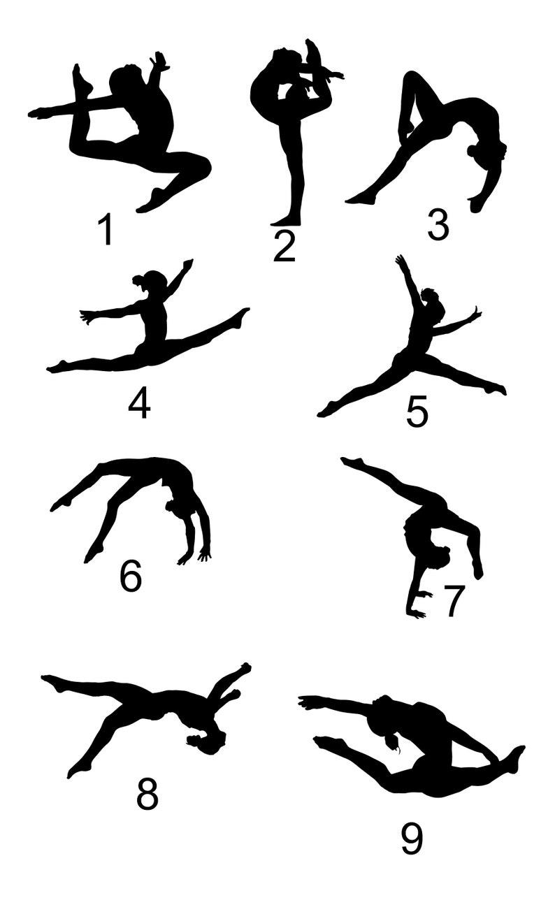 May include: Silhouettes of nine gymnasts performing different poses. The gymnasts are all in mid-air, and their bodies are contorted into various shapes. The silhouettes are black against a white background.