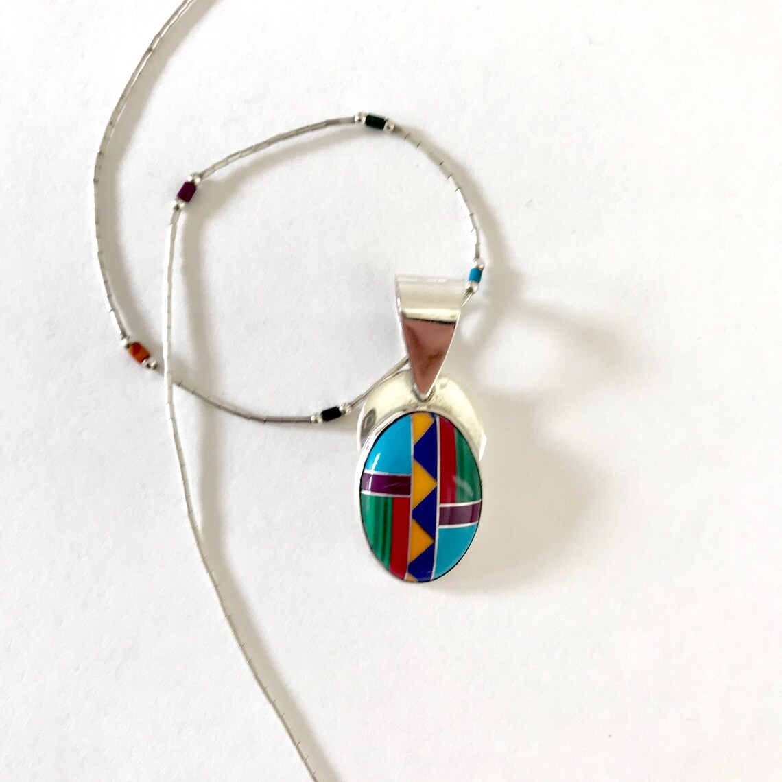 Zuni Inlay Pendant Liquid Silver Necklace Native American 925 Etsy