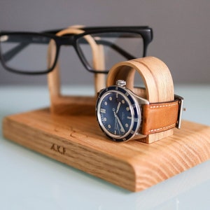 Glasses and Watch Stand For Desk Bedside, Personalised Wooden Oak Gift For Him, Fathers image 1