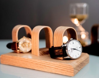 Personalised Watch Stand Display Holds 3 Watches, Wooden Oak Gift For Him, Fathers