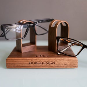 Eye glasses stand for 2 pairs made from solid walnut and can be personalised. Perfect for all gifting
