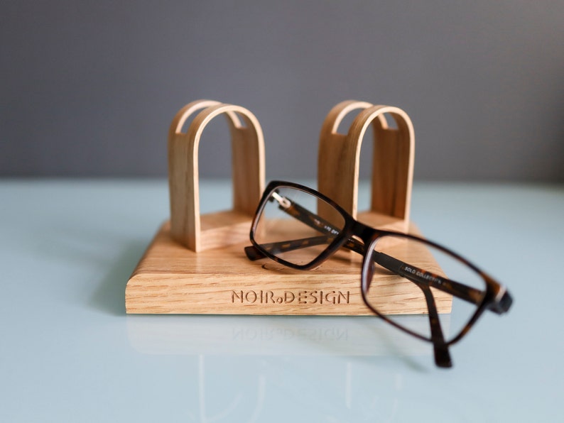 Eyeglasses stand for 2 sunglasses perfect personalised gift for couples and parents available in Walnut and Oak image 8