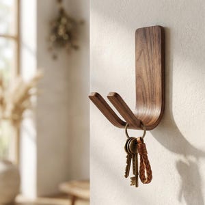 May include: A wooden key holder mounted on a white wall. The key holder is a dark brown color and has a curved design with two hooks. A set of keys with a leather keychain hangs from the hooks.
