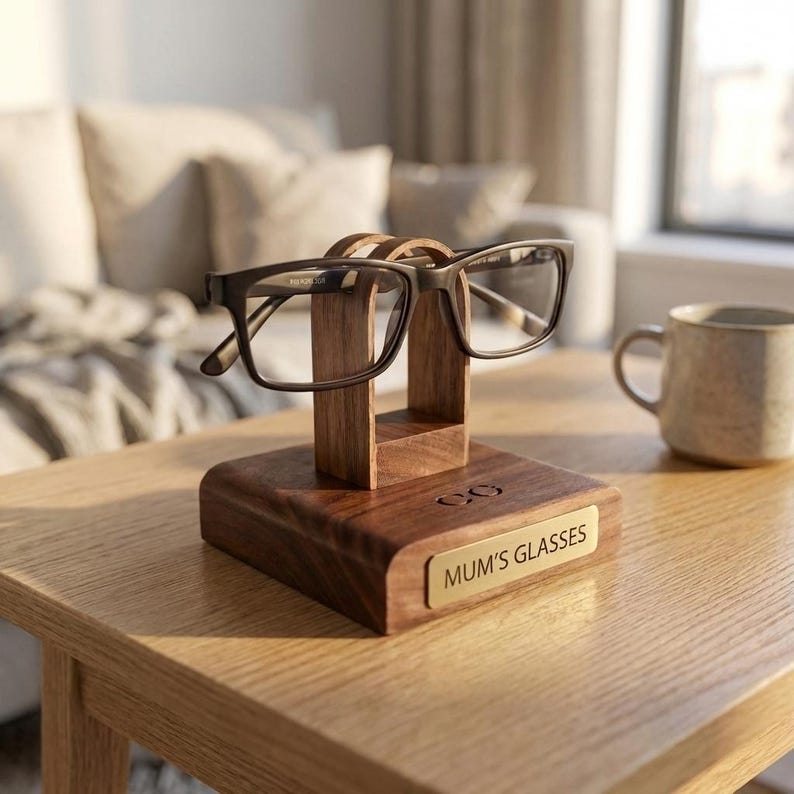 Personalised black walnut glasses stand engraved gift for him