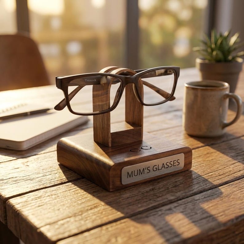 Personalised spectacles holder black walnut desk accessory gift