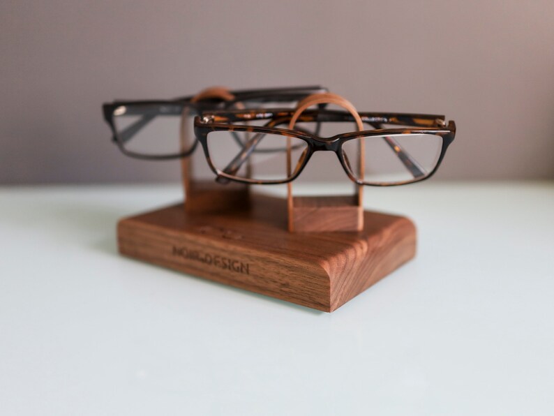 Eyeglasses stand for 2 sunglasses perfect personalised gift for couples and parents available in Walnut and Oak image 3