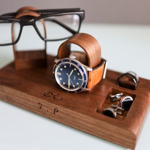 Glasses and Watch Tray with Option to Personalise Stand Display Bedside Tray, Walnut For Him, Fathers