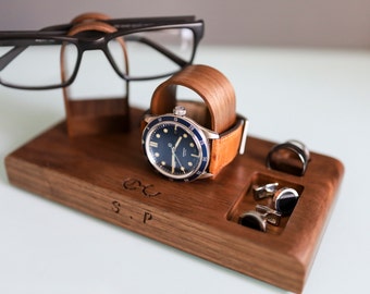 Personalized Walnut Glasses and Watch Stand Tray: Bedside Organizer