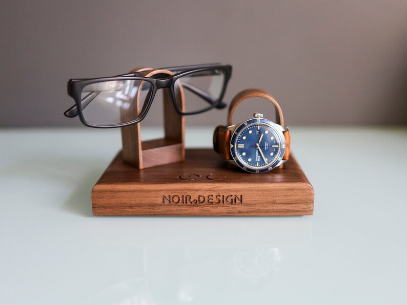 Glasses and Watch Stand For Desk Bedside, Personalised Wooden Oak Gift For Him, Fathers image 6