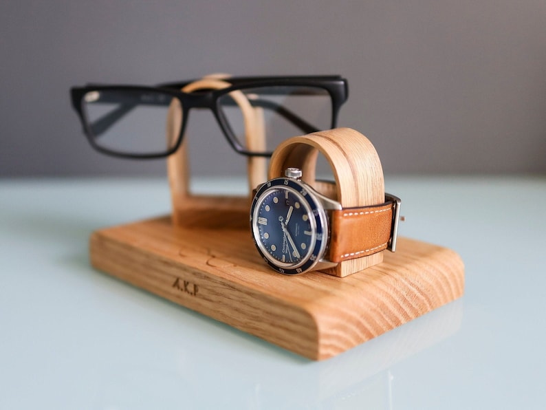 Glasses and Watch Stand For Desk Bedside, Personalised Wooden Oak Gift For Him, Fathers image 1