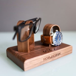 Glasses and Watch Stand For Desk Bedside, Personalised Wooden Oak Gift For Him, Fathers image 9