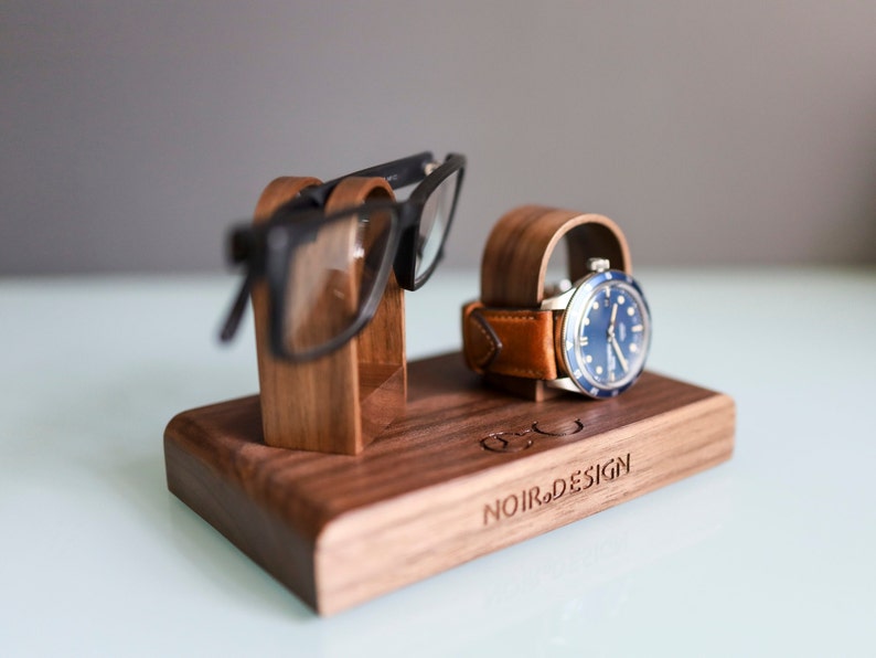 Glasses and Watch Stand For Desk Bedside, Personalised Wooden Oak Gift For Him, Fathers image 9