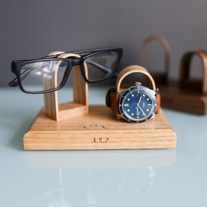 Glasses and Watch Stand For Desk Bedside, Personalised Wooden Oak Gift For Him, Fathers image 5