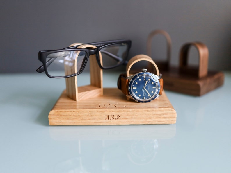 Glasses and Watch Stand For Desk Bedside, Personalised Wooden Oak Gift For Him, Fathers image 5