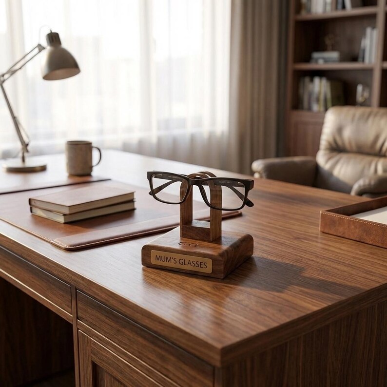Personalised black walnut eyewear stand gift for special occasions