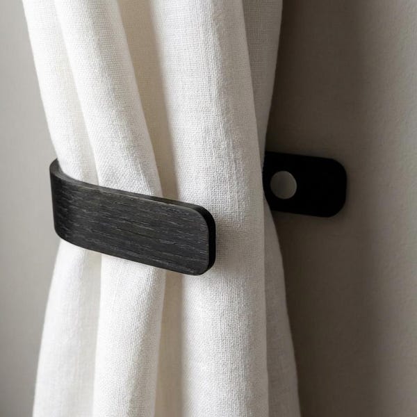 Black Curtain Holdbacks | Curtain Hooks | Wooden Tie Backs | Contemporary Wall Mounted Holdbacks | Chrome Fittings