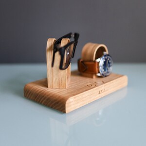 Glasses and Watch Stand For Desk Bedside, Personalised Wooden Oak Gift For Him, Fathers image 3