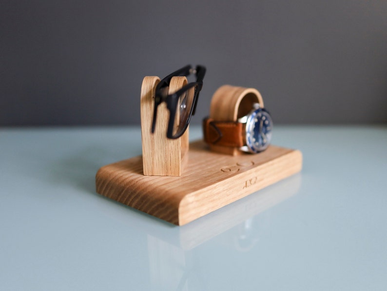 Glasses and Watch Stand For Desk Bedside, Personalised Wooden Oak Gift For Him, Fathers image 3