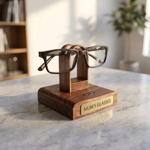 Personalised glasses stand gift for grandad walnut wood