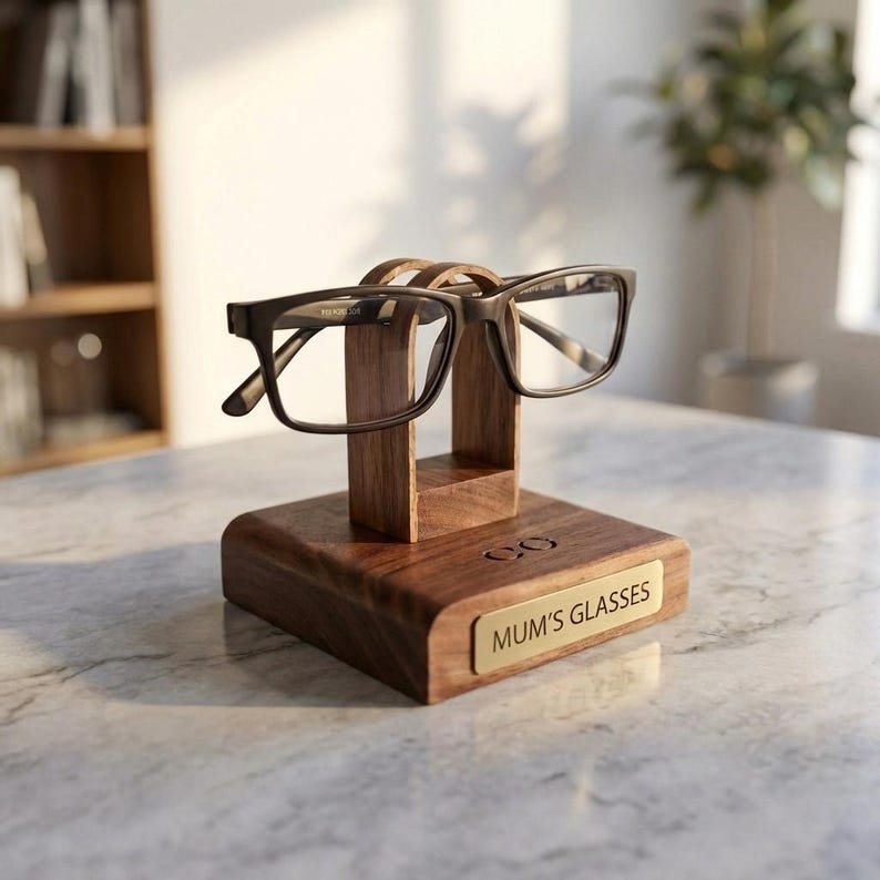 Personalised glasses stand gift for grandad walnut wood