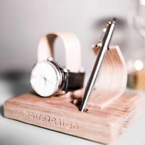 Personalised Watch and Pen Stand Display Wooden - Oak Gift For Him, Fathers