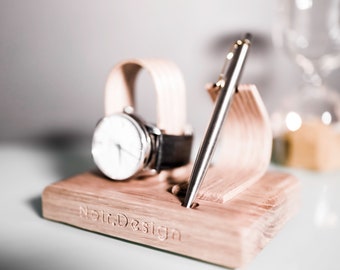 Personalised Watch and Pen Stand Display Wooden - Oak Gift For Him, Fathers