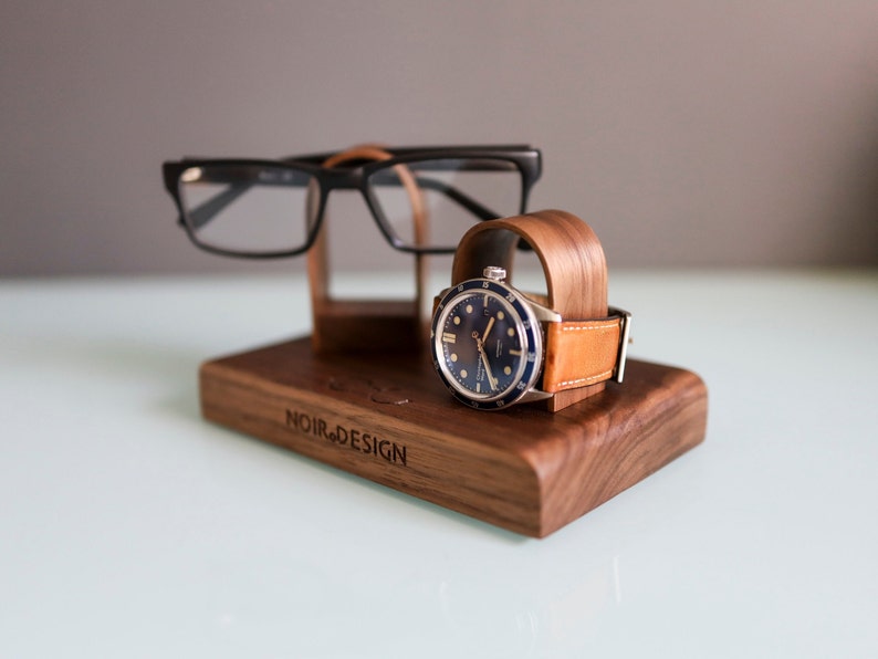 Glasses and Watch Stand For Desk Bedside, Personalised Wooden Oak Gift For Him, Fathers image 7