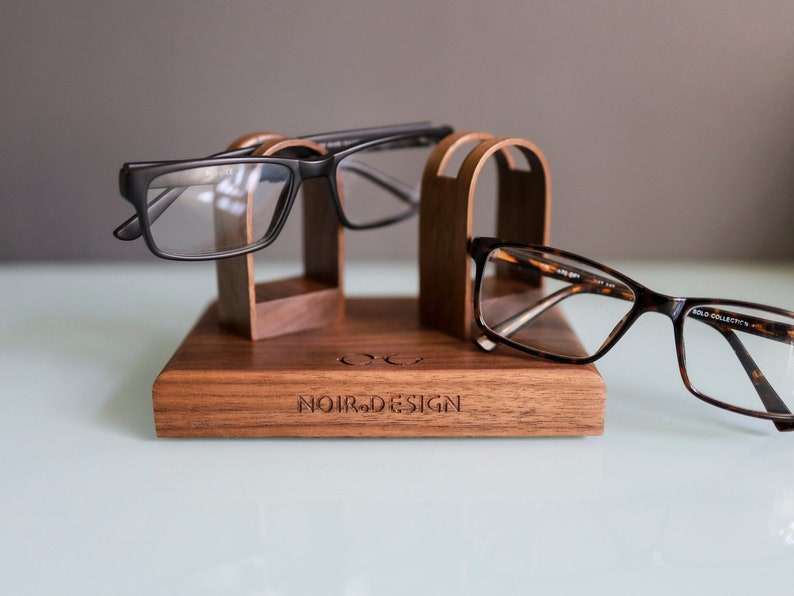 Eye glasses stand for 2 pairs made from solid walnut and can be personalised. Perfect for all gifting