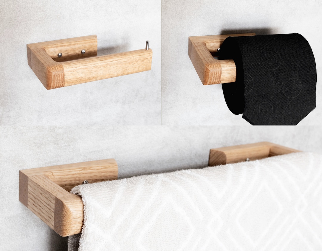 Oak Towel Rail and Toilet Roll Holder Set Wooden Bathroom Décor Storage
