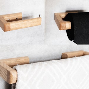Oak Towel Rail and Toilet Roll Holder Set Wooden Bathroom Décor Storage