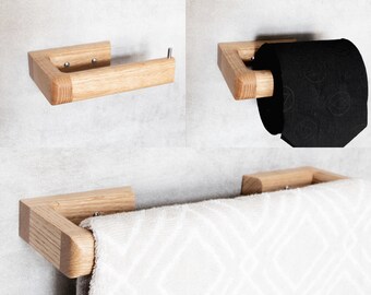Oak Towel Rail and Toilet Roll Holder Set Wooden Bathroom Décor