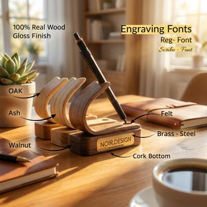 walnut ash oak pen stand on desk with notepad