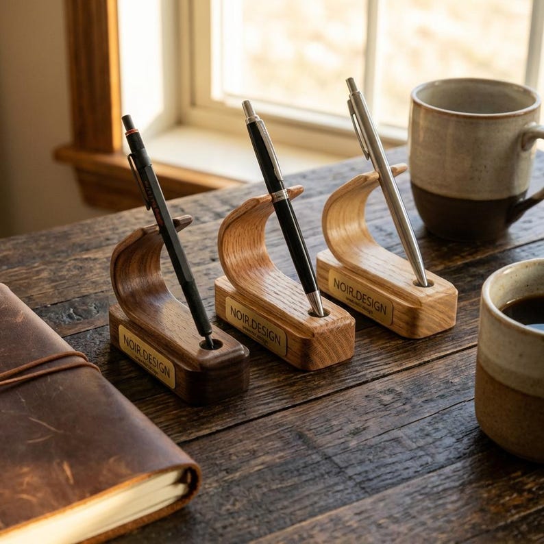3 wooden pen stands on desk
