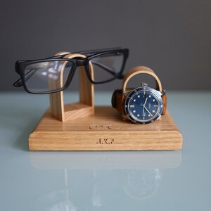 Glasses and Watch Stand For Desk Bedside, Personalised Wooden Oak Gift For Him, Fathers image 4