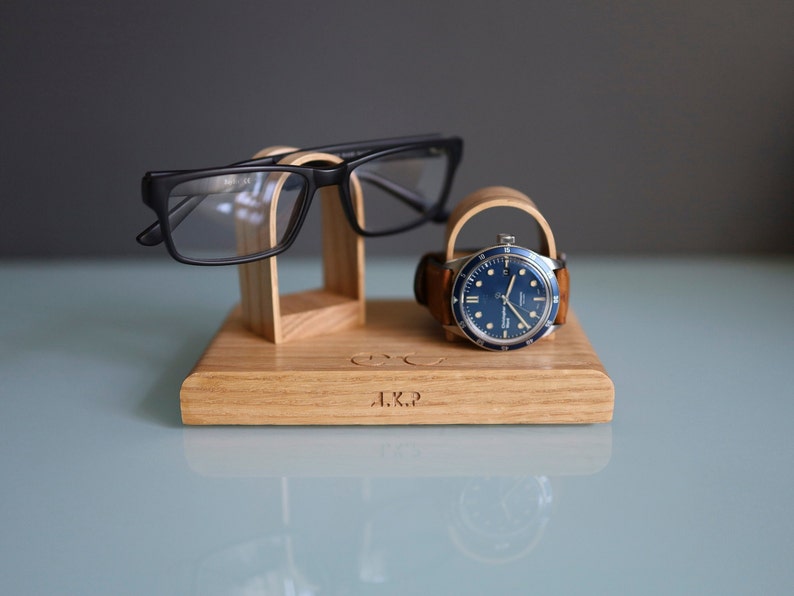 Glasses and Watch Stand For Desk Bedside, Personalised Wooden Oak Gift For Him, Fathers image 4